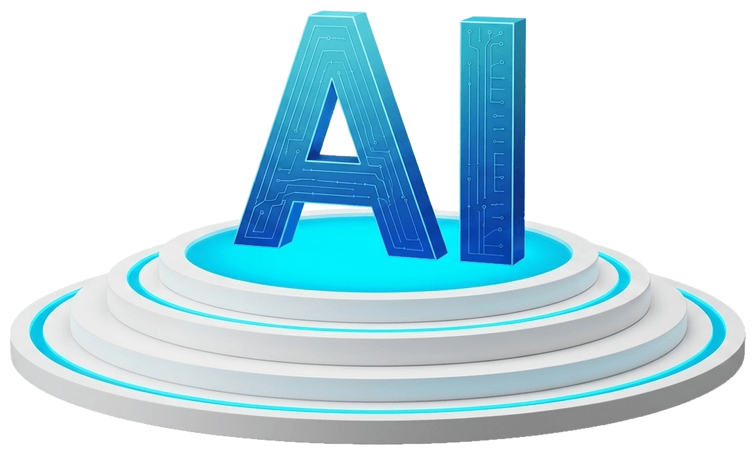 Glowing 3D AI letters on a podium
